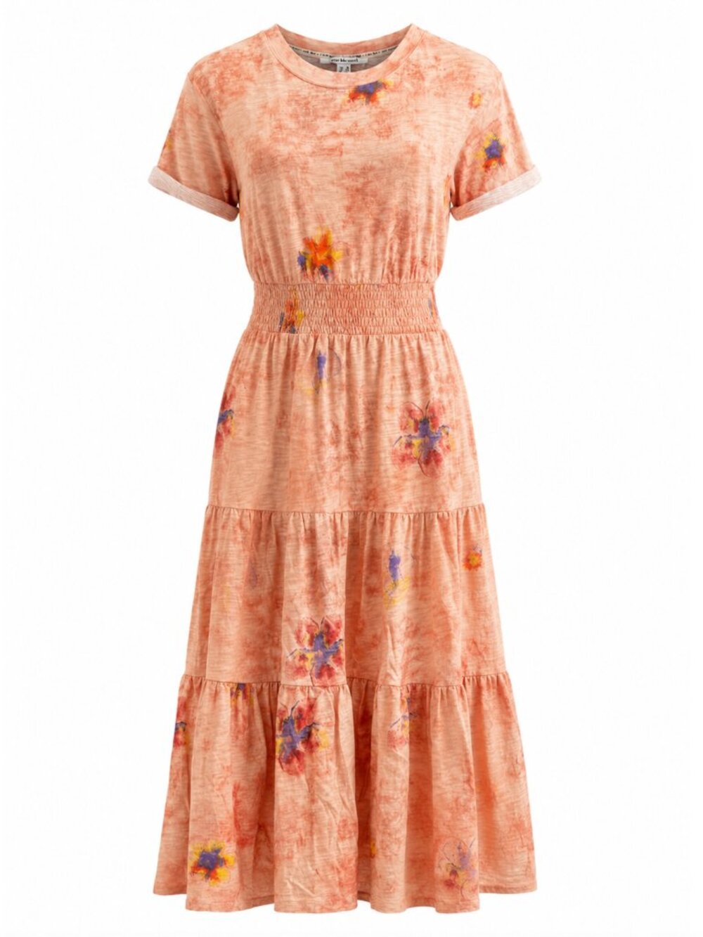 Peace Love World Dress Cotton Maxi Short Sleeve 80s Tie-Die Floral Boho - XS